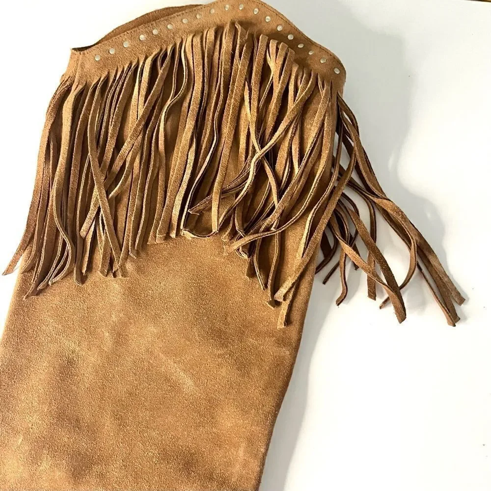 Free People Wayne Fringe Suede Over The‎ Knee Leather Western Boots Brown 6 NIB